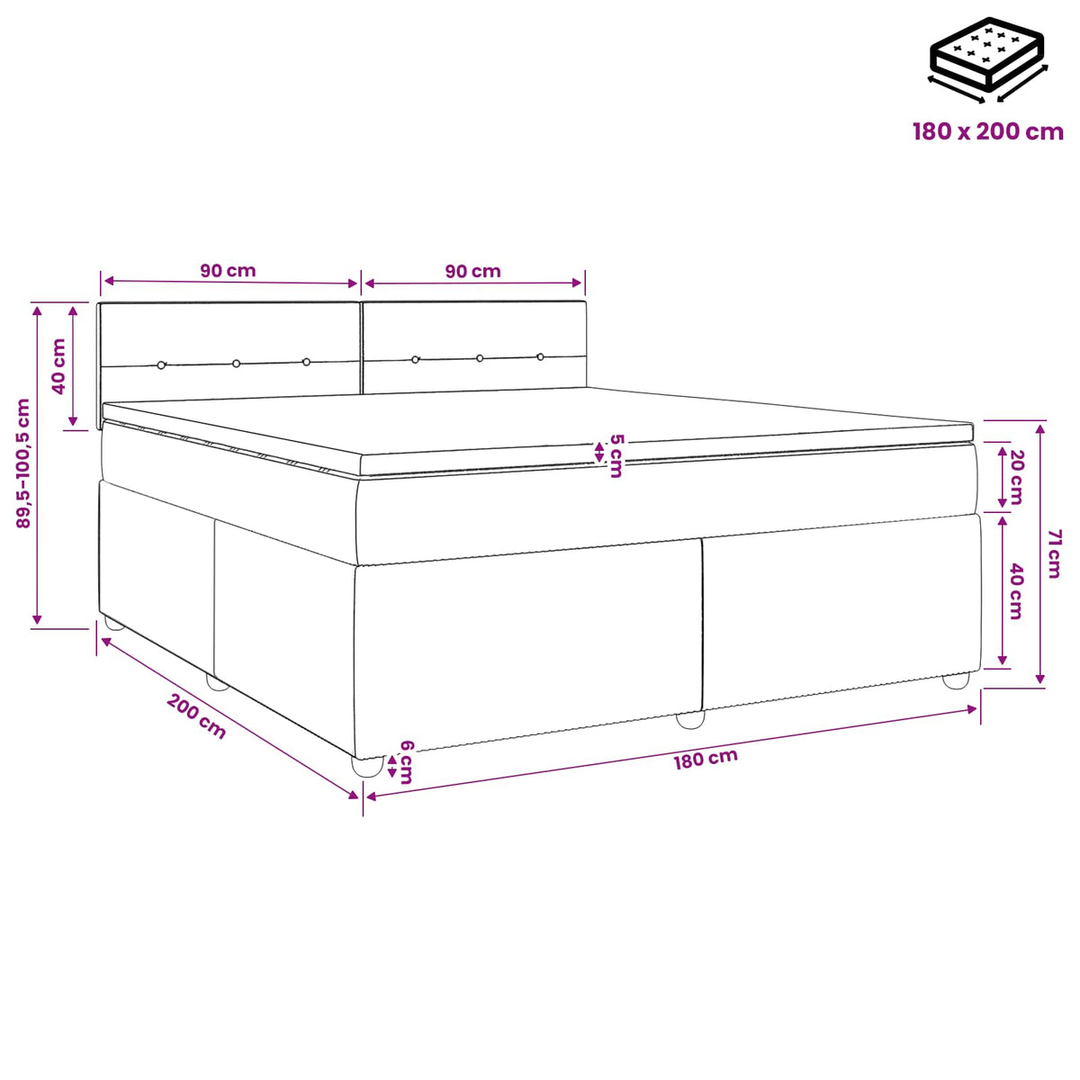 Boxmadras med topmadras med hovedgærde Blå 180 x 200 cm Stof