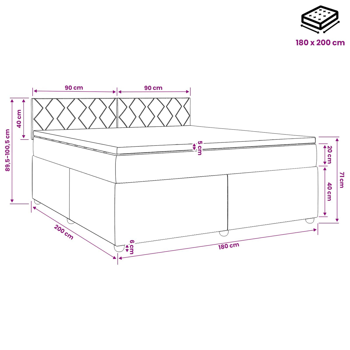 Boxmadras med topmadras med hovedgærde Blå 180 x 200 cm Stof