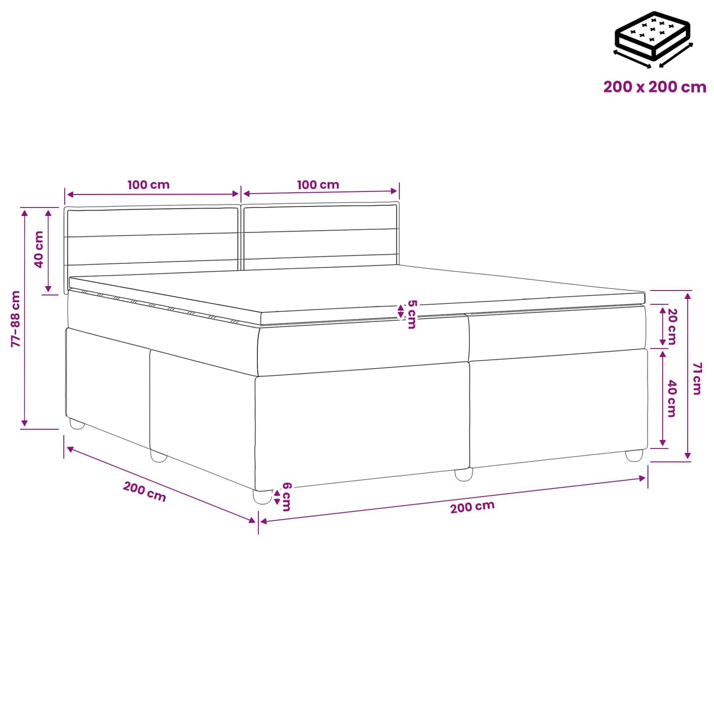 Boxmadras med topmadras Lysegrå 200 x 200 cm Stof