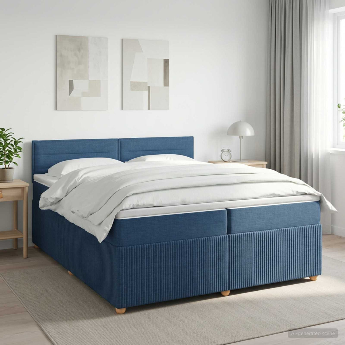 Boxmadras med topmadras med hovedgærde Blå 200 x 200 cm Stof