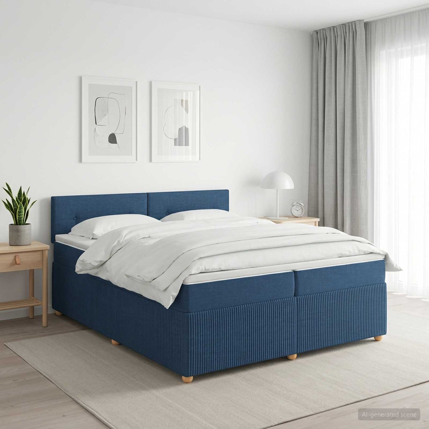Boxmadras med topmadras med hovedgærde Blå 200 x 200 cm Stof