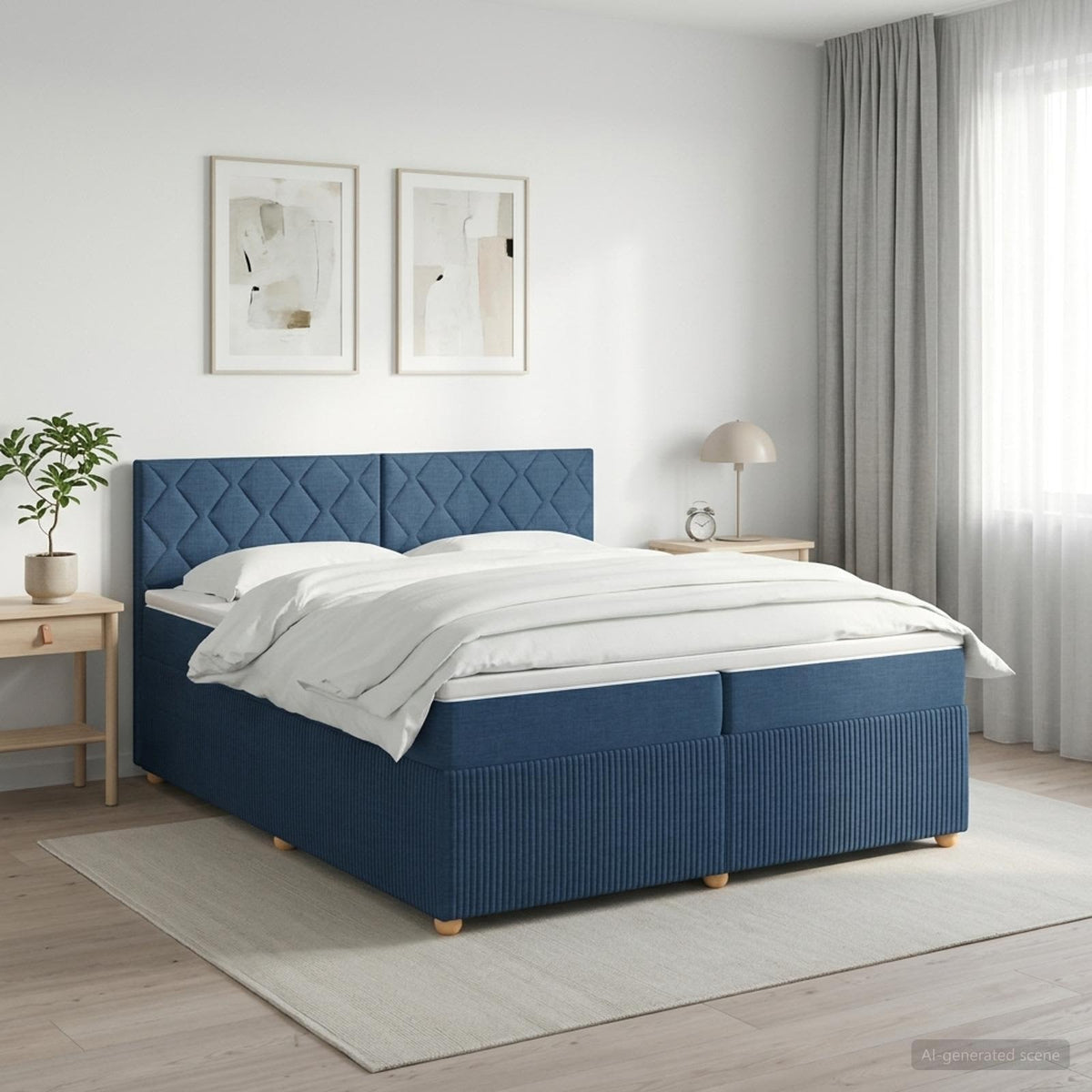 Boxmadras med topmadras med hovedgærde Blå 200 x 200 cm Stof
