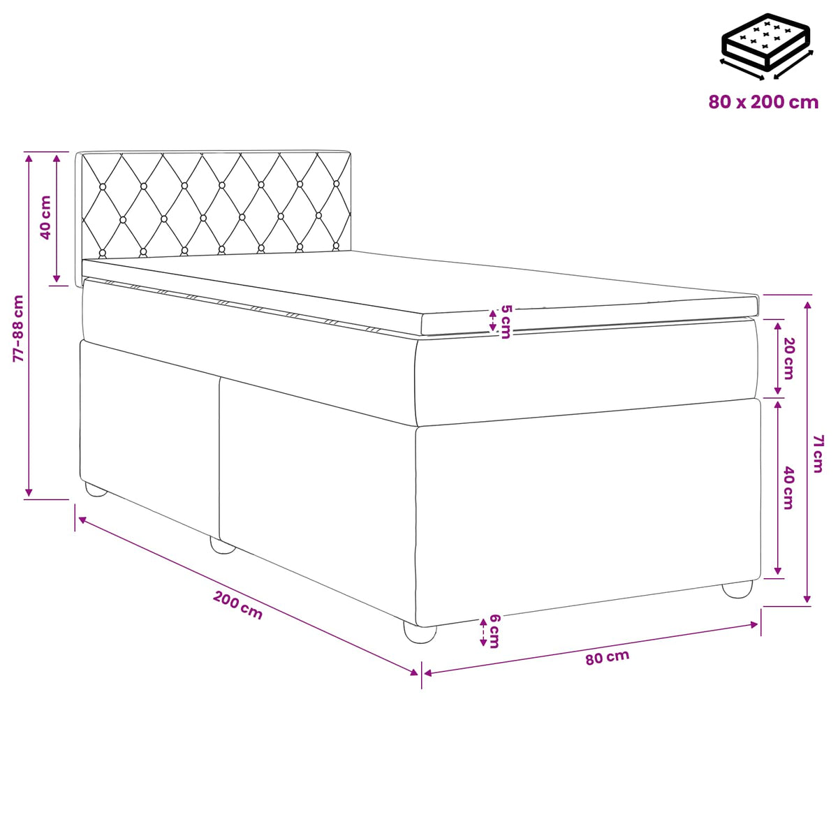 Boxmadras med topmadras Lysegrå 80 x 200 cm Fløjl