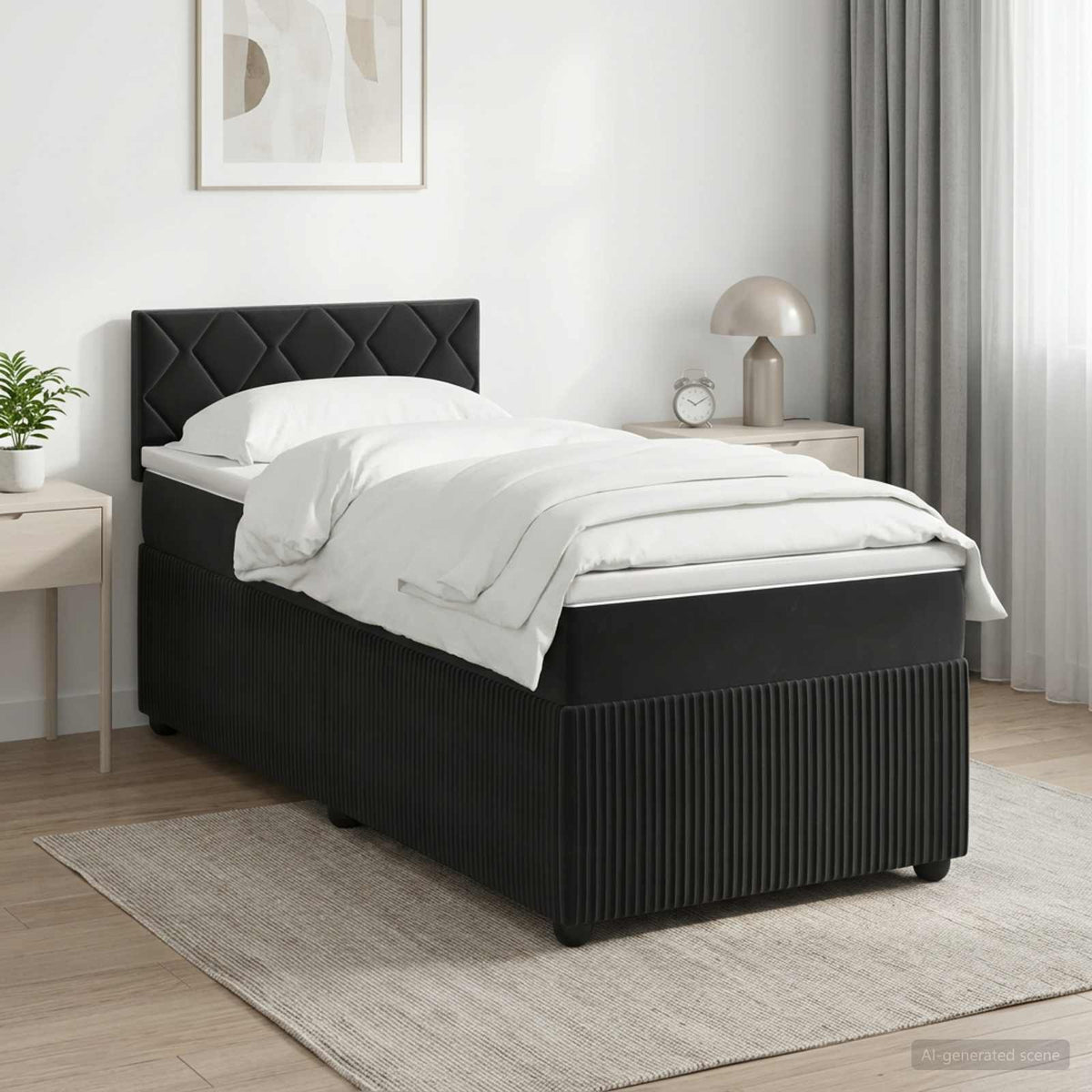 Boxmadras med topmadras med hovedgærde Sort 90 x 190 cm Fløjl