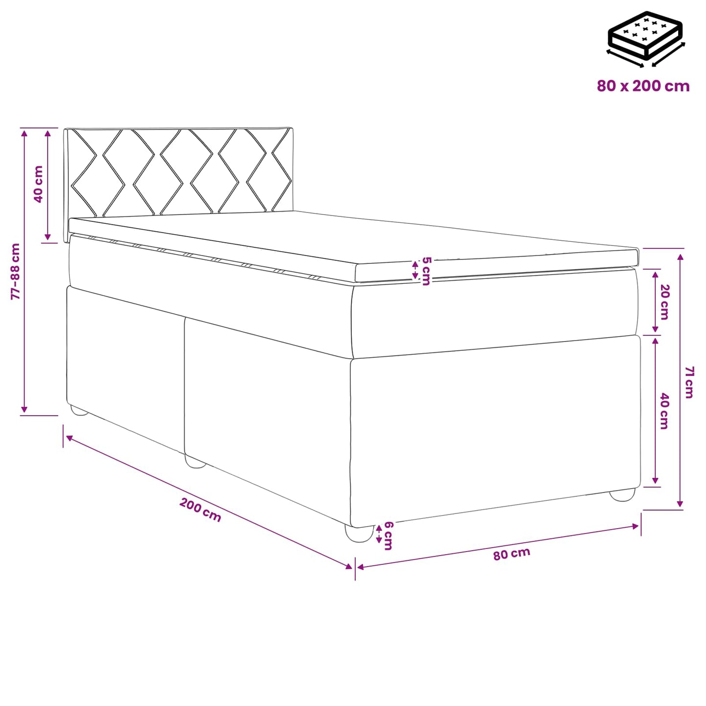 Boxmadras med topmadras Lyserød 80 x 200 cm Fløjl