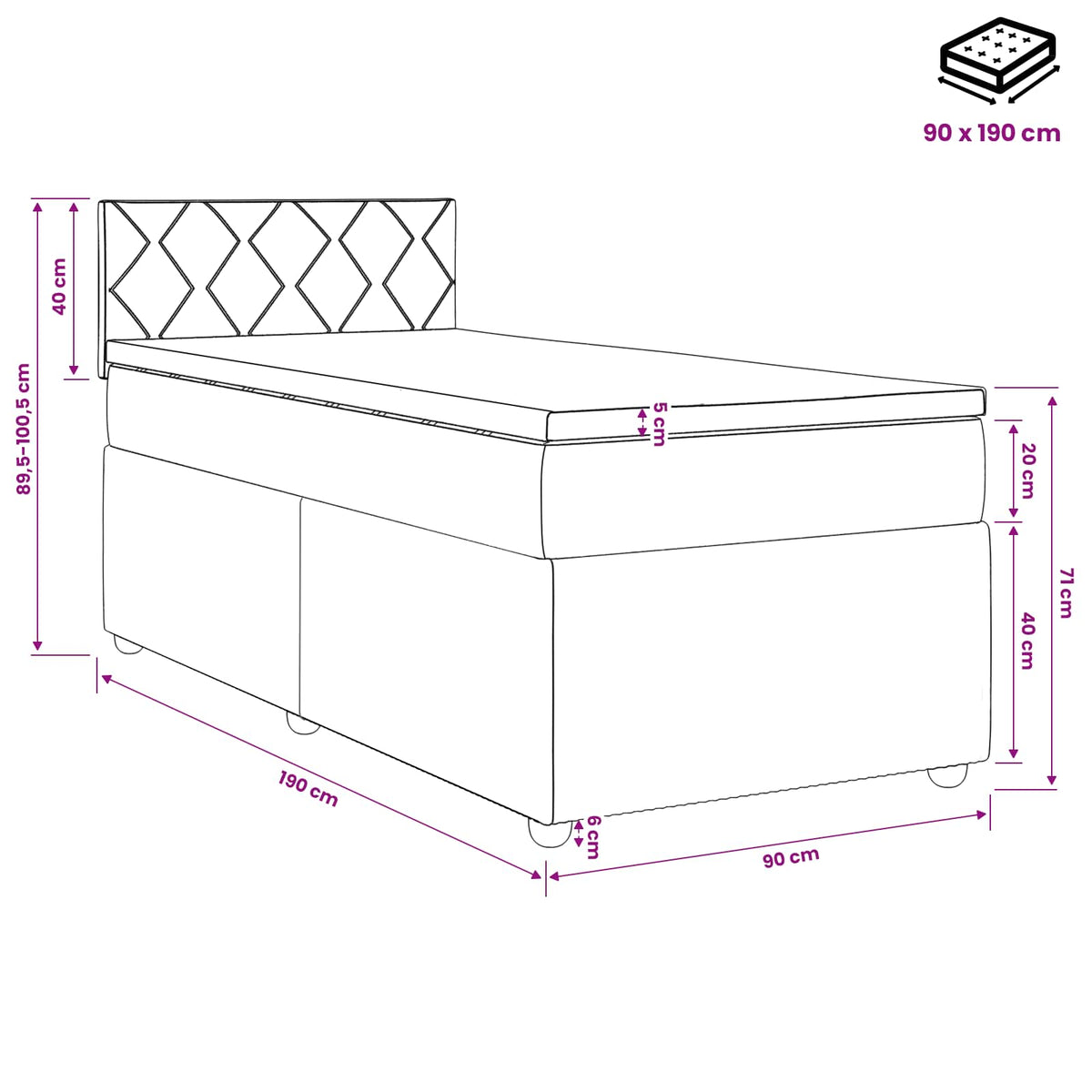 Boxmadras med topmadras Mørk blå 90 x 190 cm Fløjl