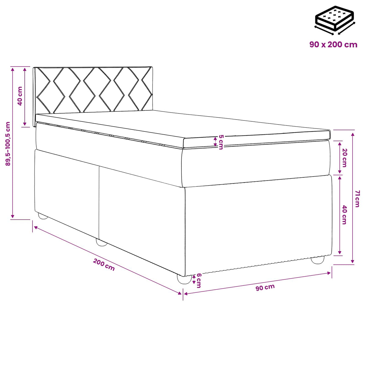 Boxmadras med topmadras Mørk blå 90 x 200 cm Fløjl