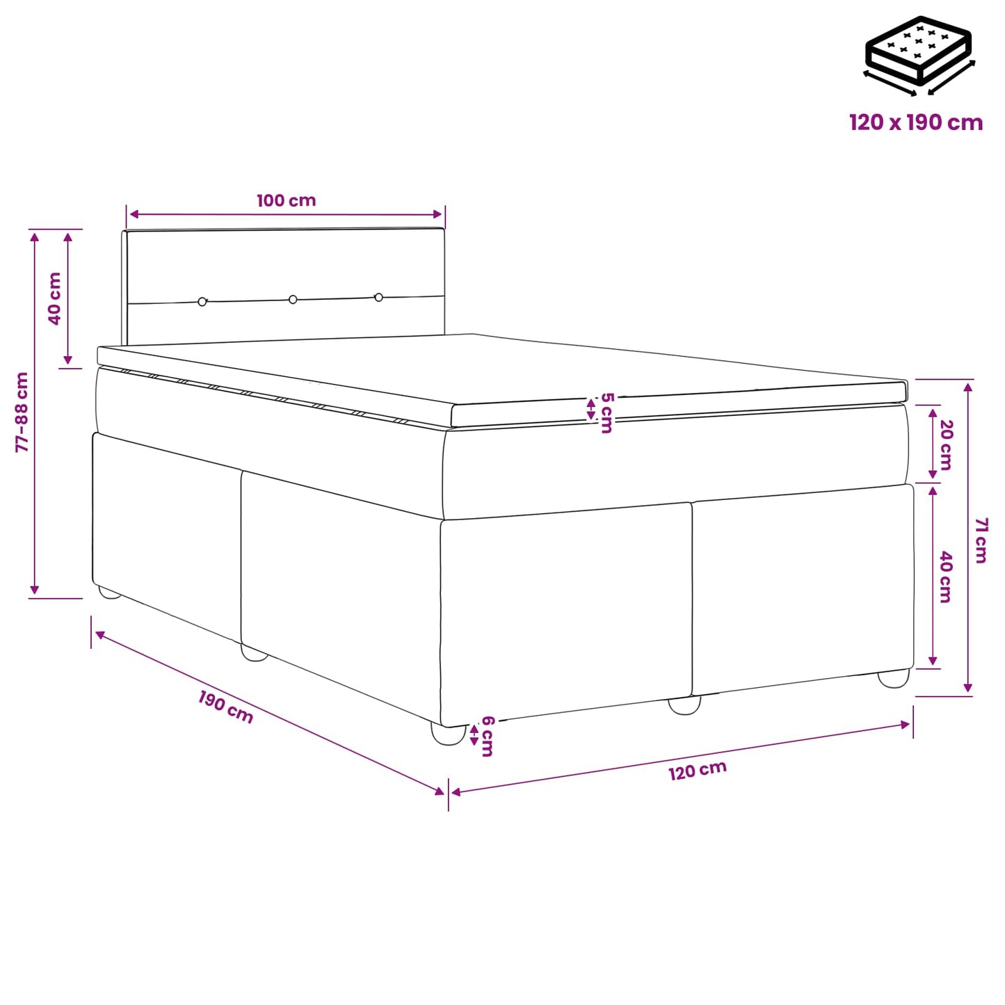 Boxmadras med topmadras Lyserød 120 x 190 cm Fløjl