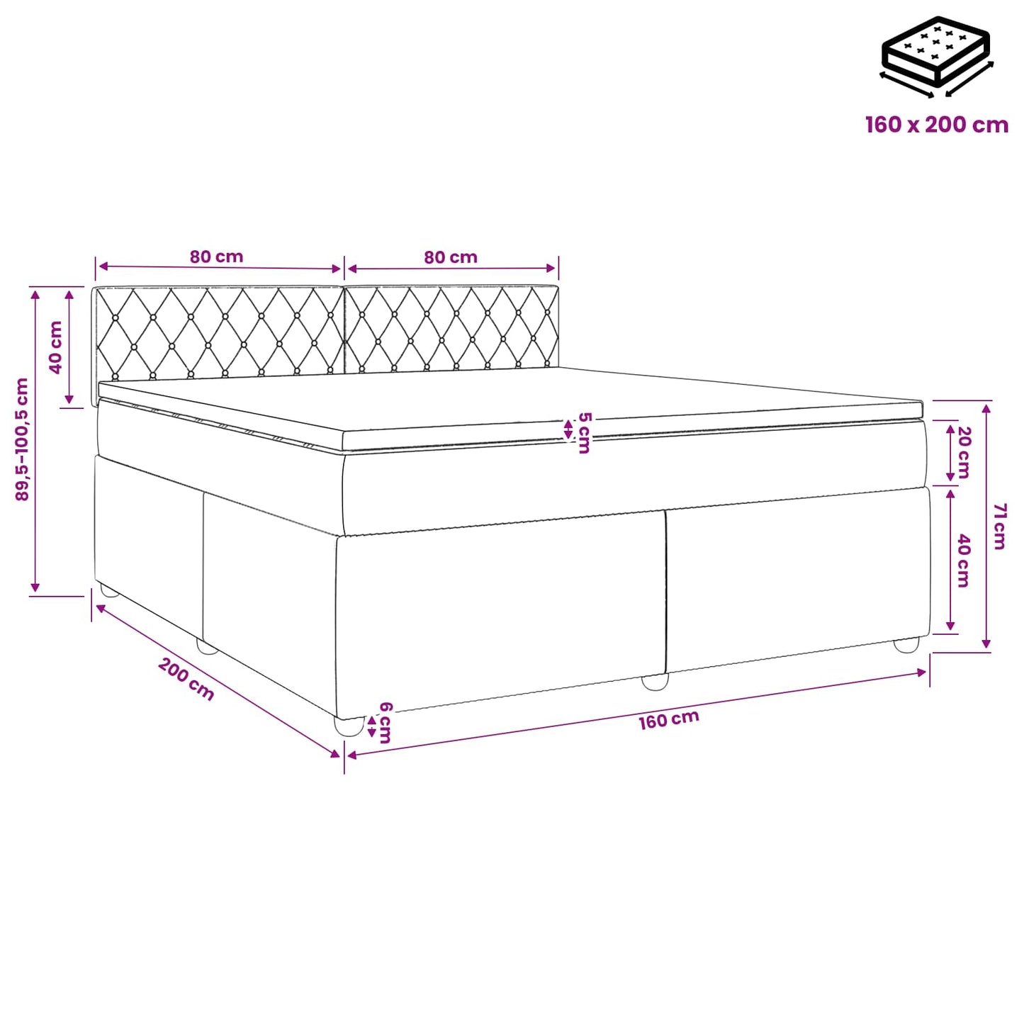 Boxmadras med topmadras Lyserød 160 x 200 cm Fløjl