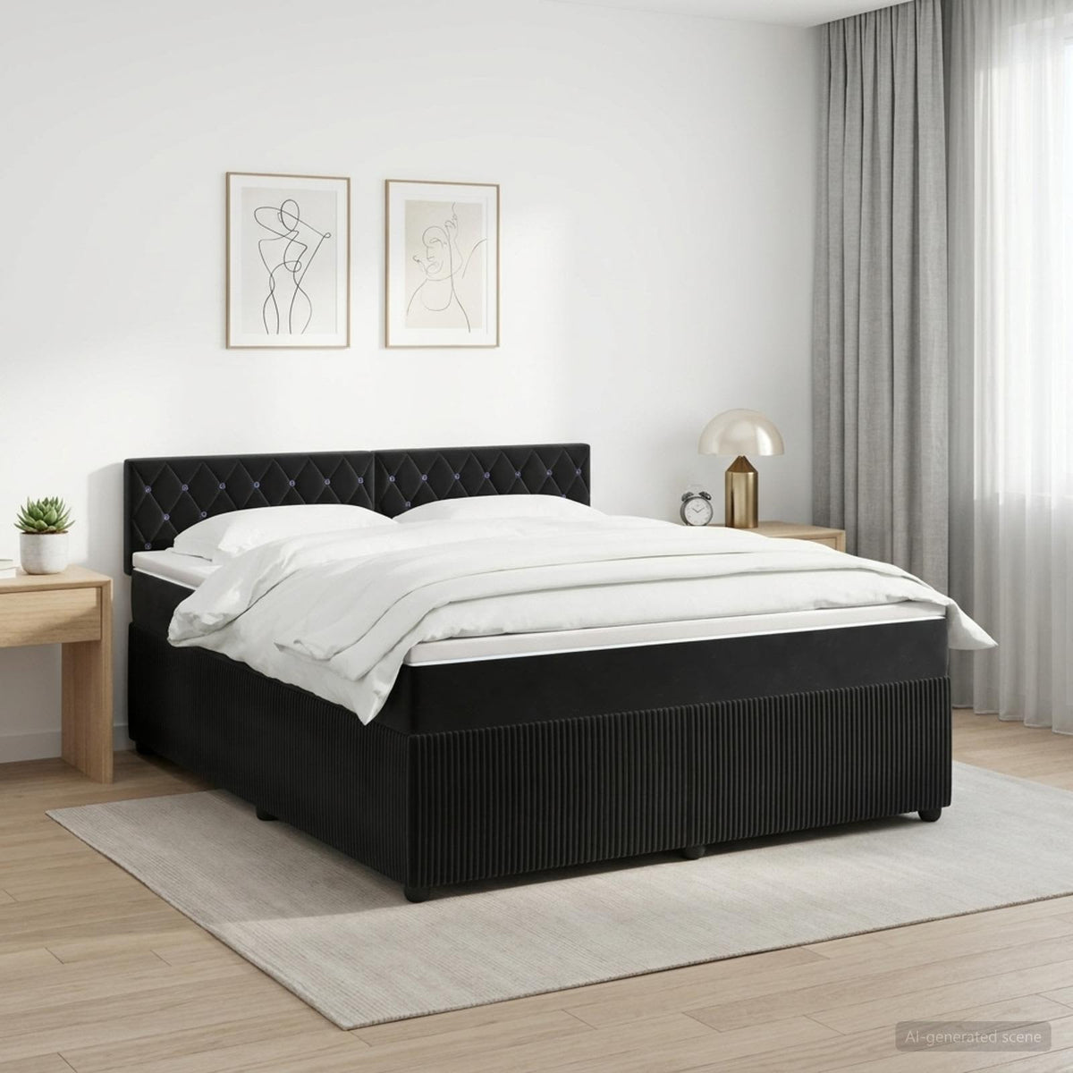 Boxmadras med topmadras med hovedgærde Sort 140 x 200 cm Fløjl