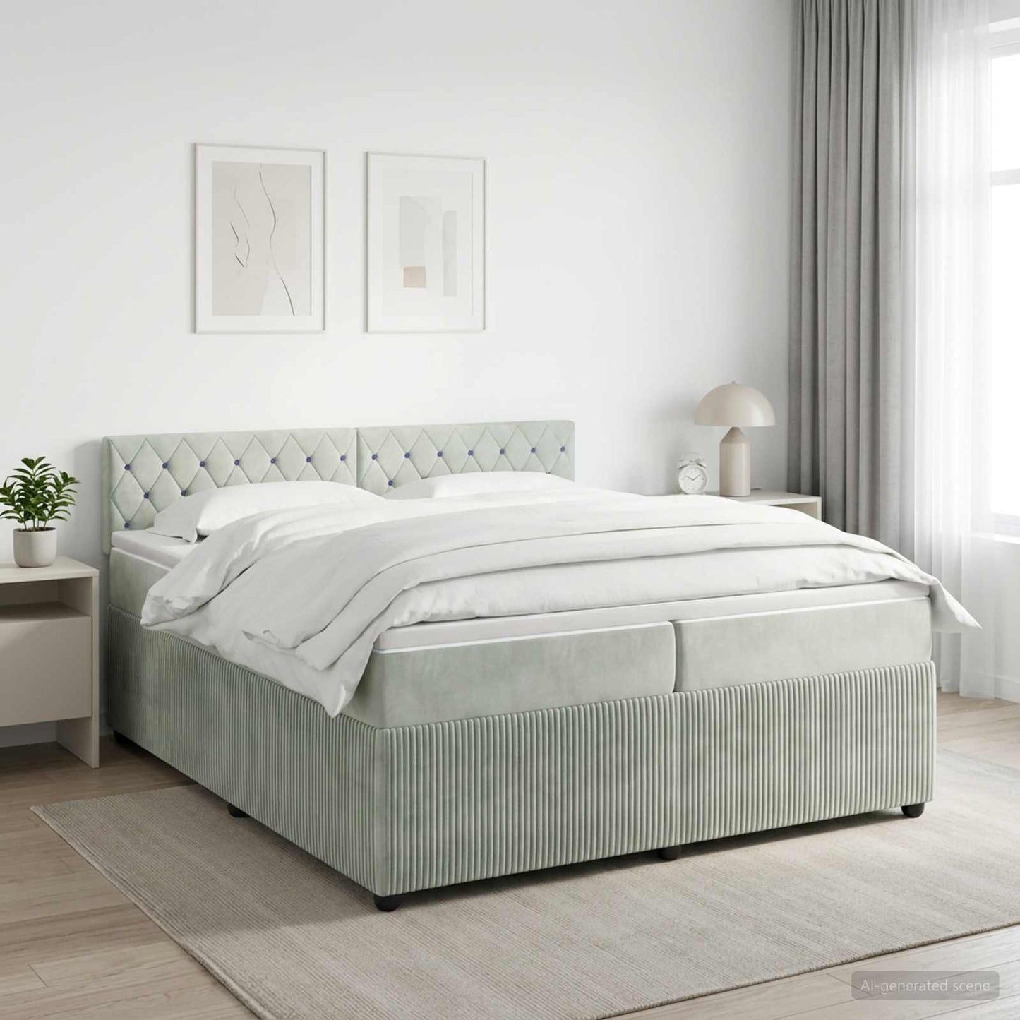 Boxmadras med topmadras Lysegrå 200 x 200 cm Fløjl