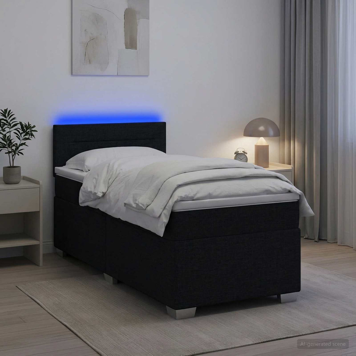 Box Spring Seng med Madras og LED Sort 90 x 190 cm Stof