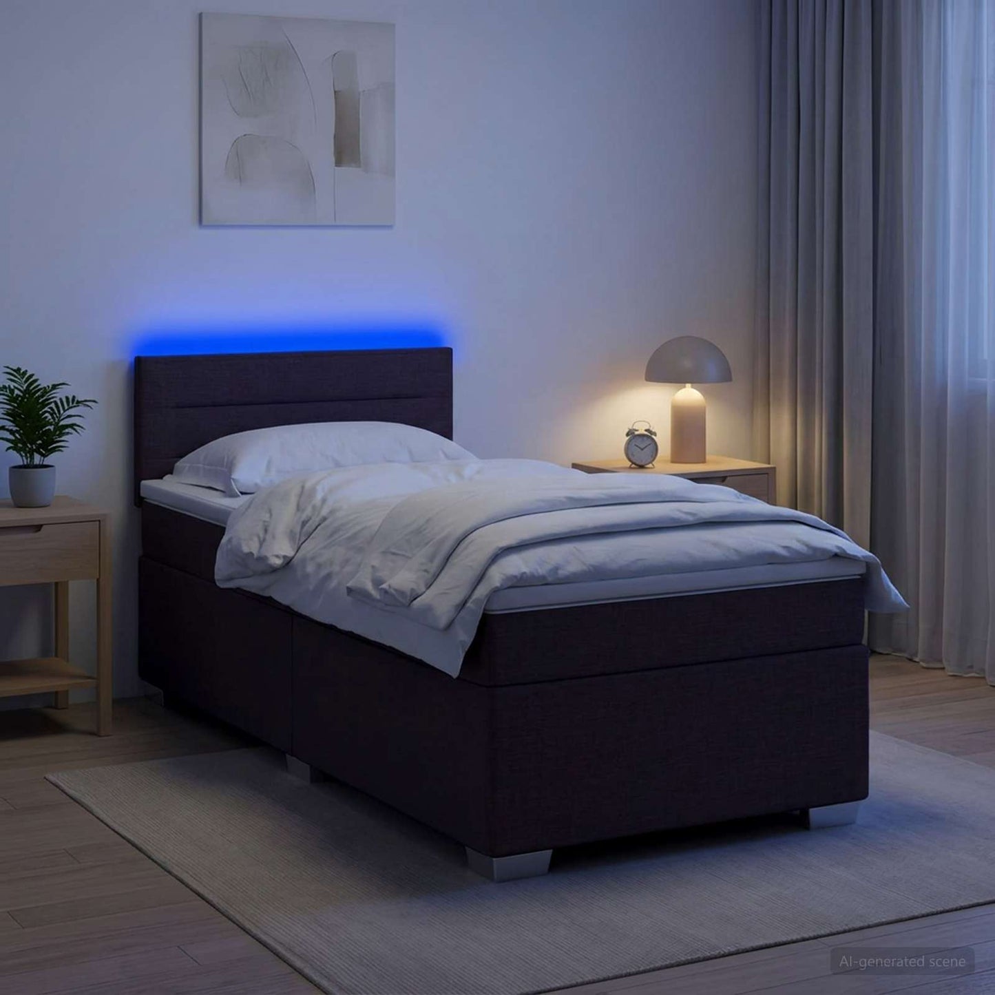 Box Spring Seng med Madras og LED Mørk Brun 90 x 190 cm Stof