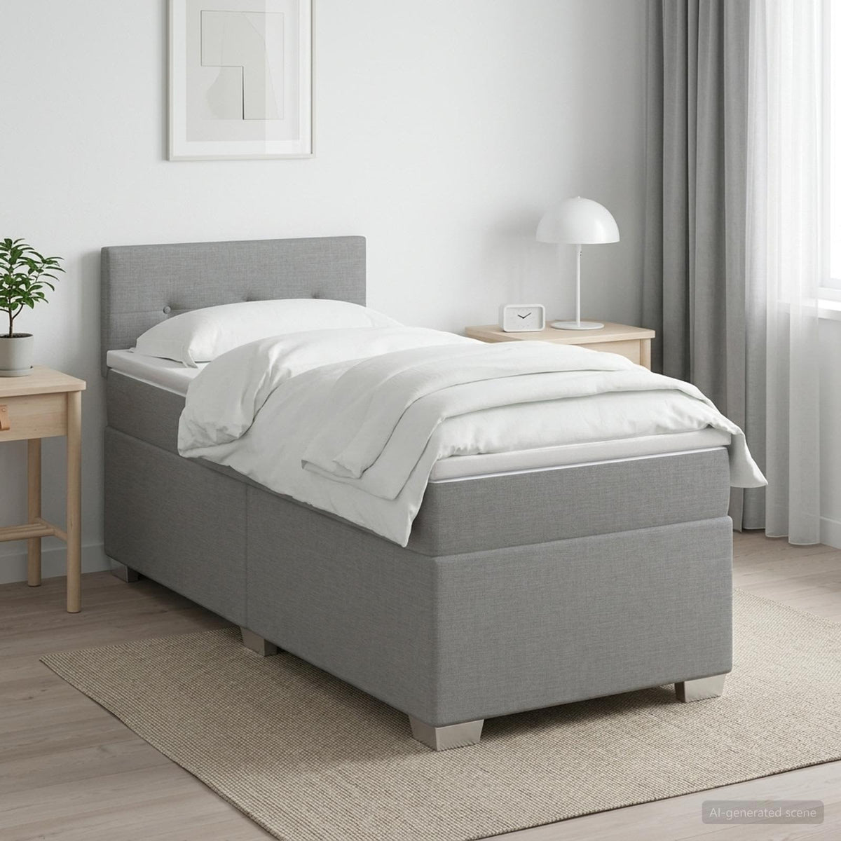 Box Spring Seng med Madras og LED Lysegrå 90 x 200 cm Stof