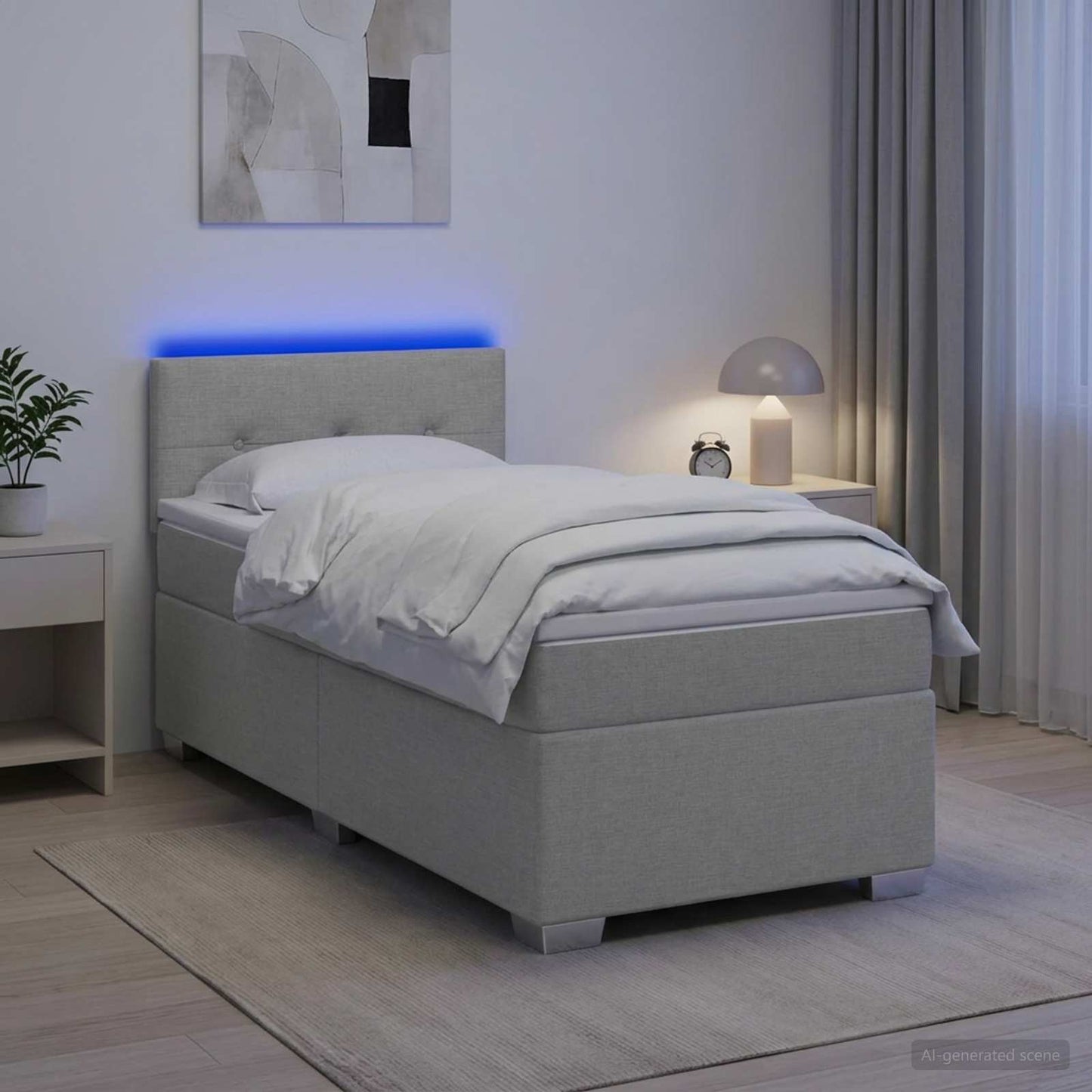 Box Spring Seng med Madras og LED Lysegrå Enkelt Stof