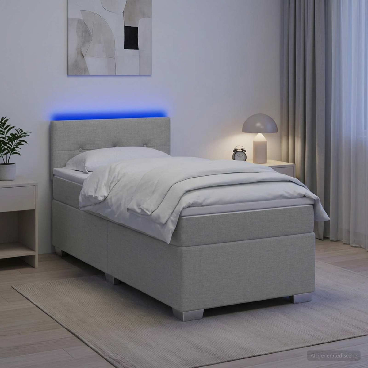 Box Spring Seng med Madras og LED Lysegrå 100 x 200 cm Stof