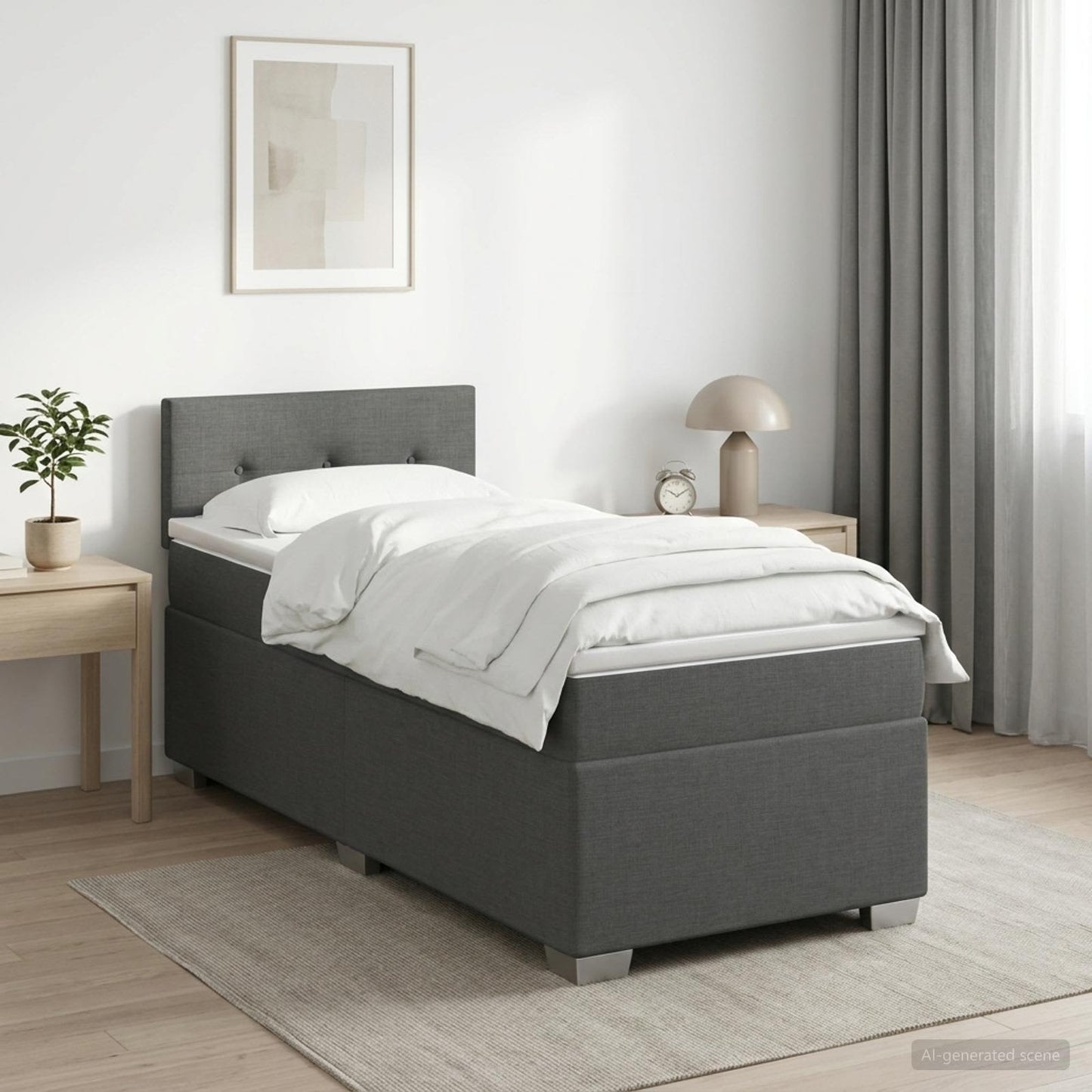 Box Spring Seng med Madras og LED Mørkegrå Enkelt Stof