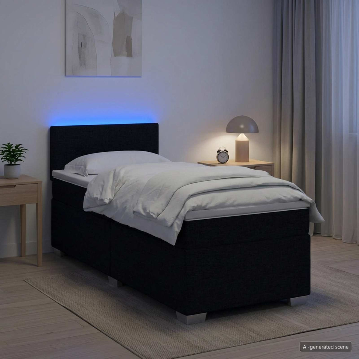 Box Spring Seng med Madras og LED Sort 100 x 200 cm Stof