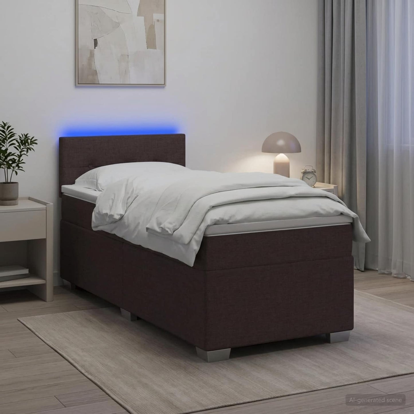Box Spring Seng med Madras og LED Mørk Brun 90 x 190 cm Stof