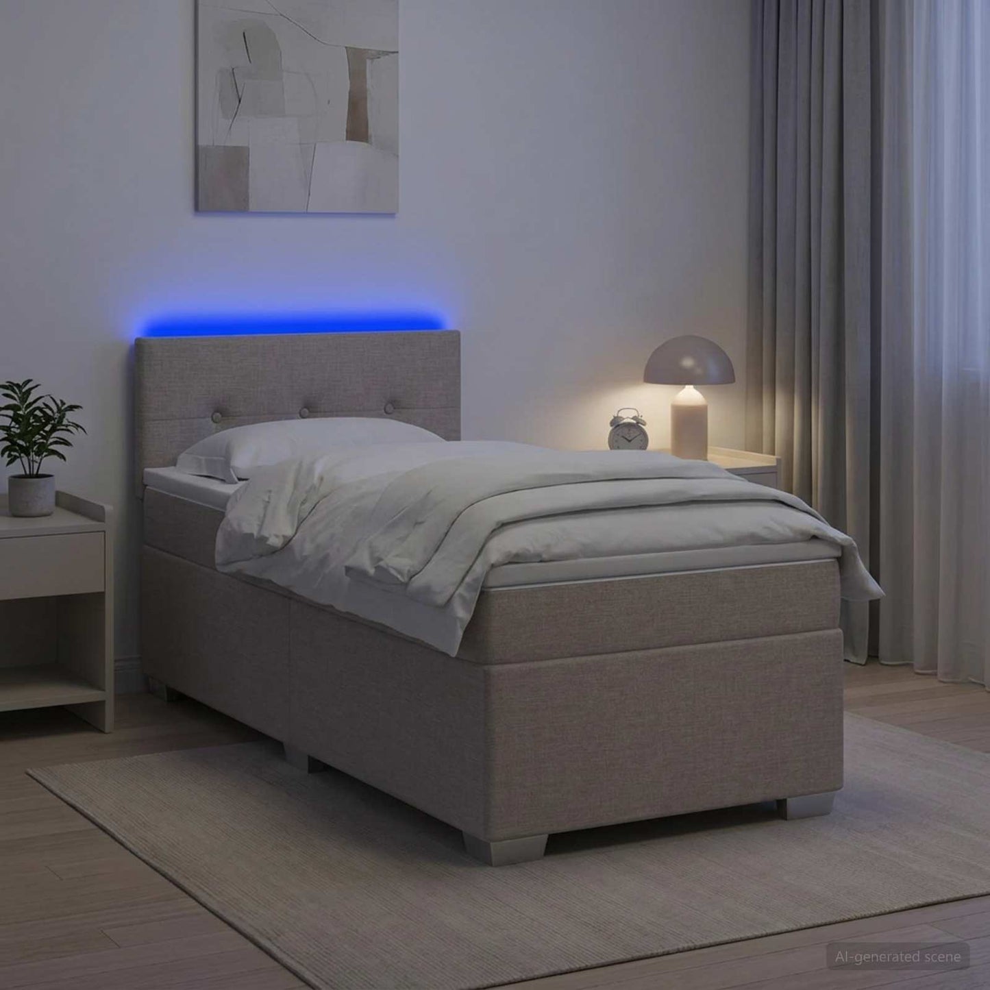 Box Spring Seng med Madras og LED Gråbrun 90 x 200 cm Stof