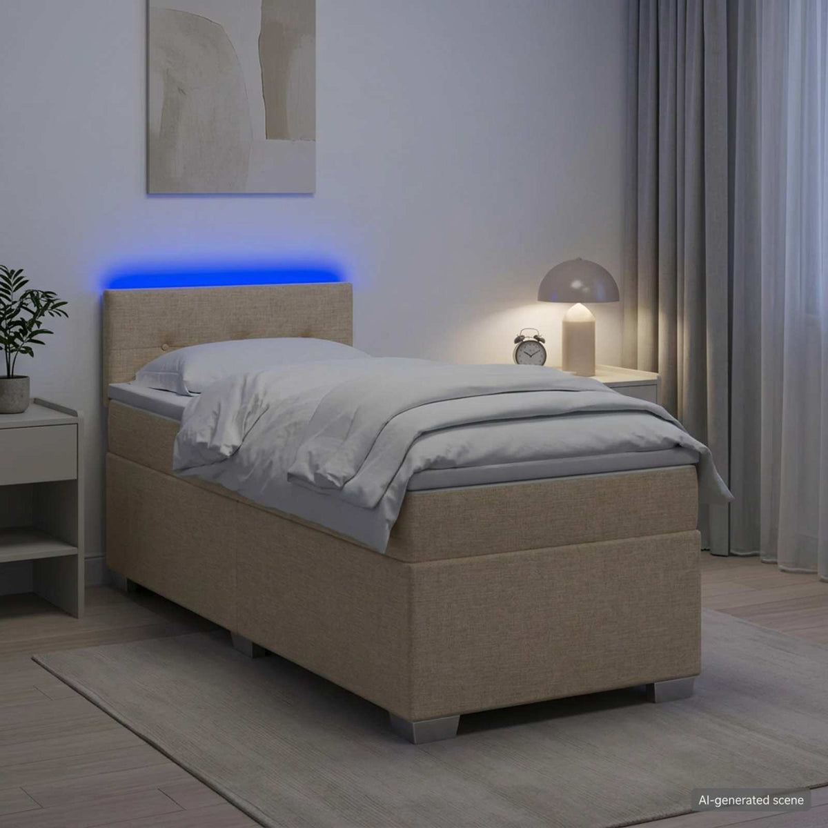 Box Spring Seng med Madras og LED Cremefarvet 90 x 190 cm Stof