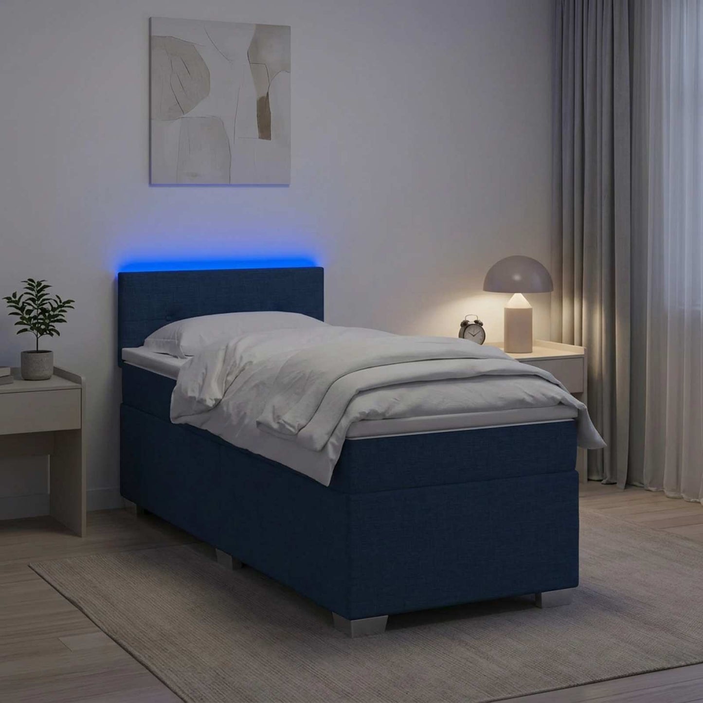 Box Spring Seng med Madras og LED Blå 100 x 200 cm Stof