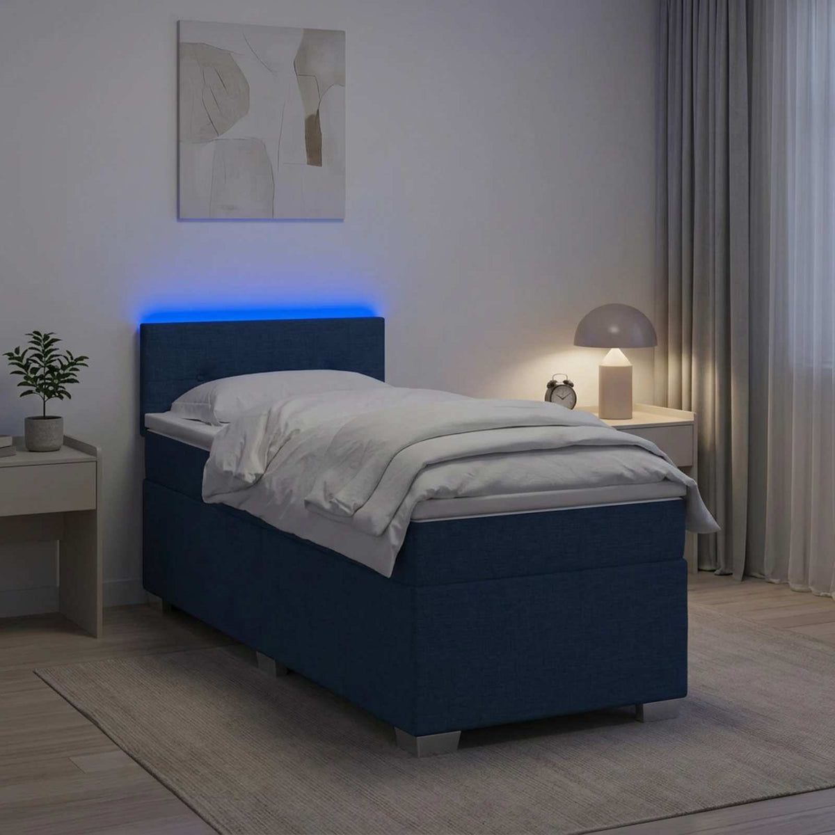 Box Spring Seng med Madras og LED Blå 80 x 200 cm Stof