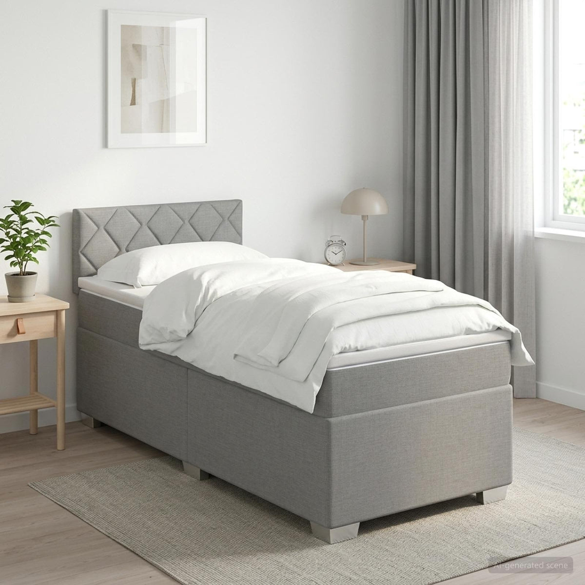 Box Spring Seng med Madras og LED Lysegrå Enkelt Stof