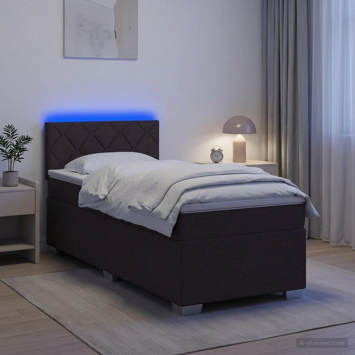 Box Spring Seng med Madras og LED Mørk Brun 90 x 190 cm Stof