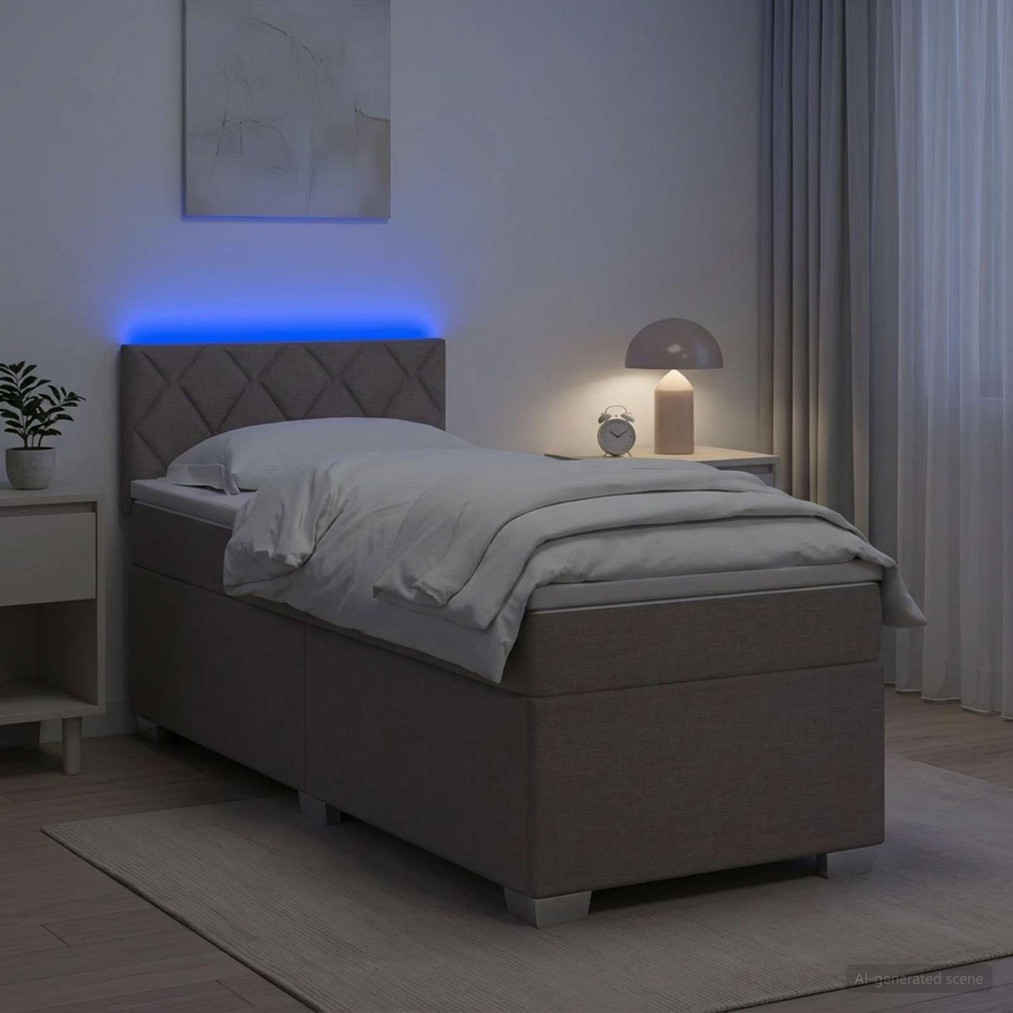 Box Spring Seng med Madras og LED Gråbrun 100 x 200 cm Stof