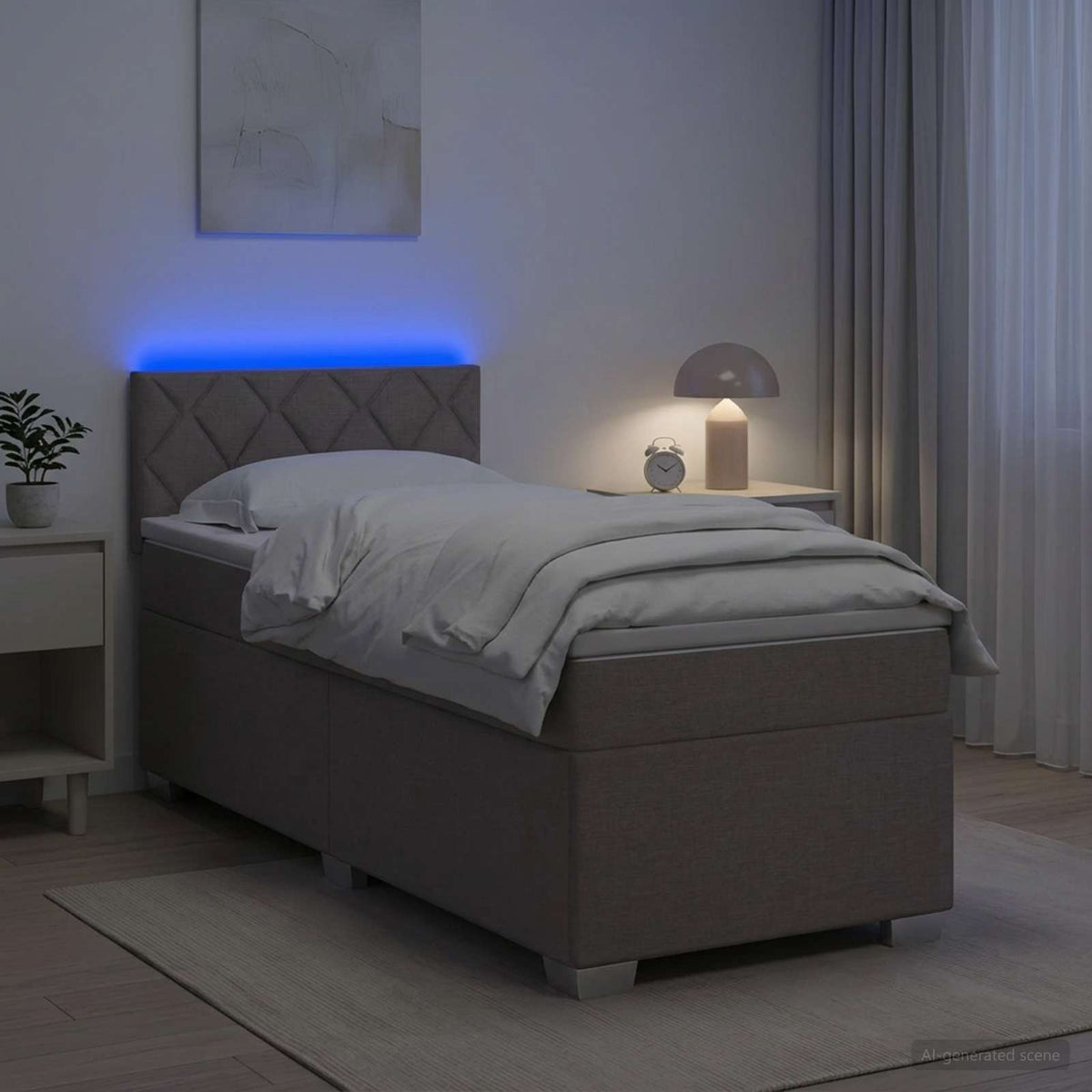Box Spring Seng med Madras og LED Gråbrun 90 x 200 cm Stof