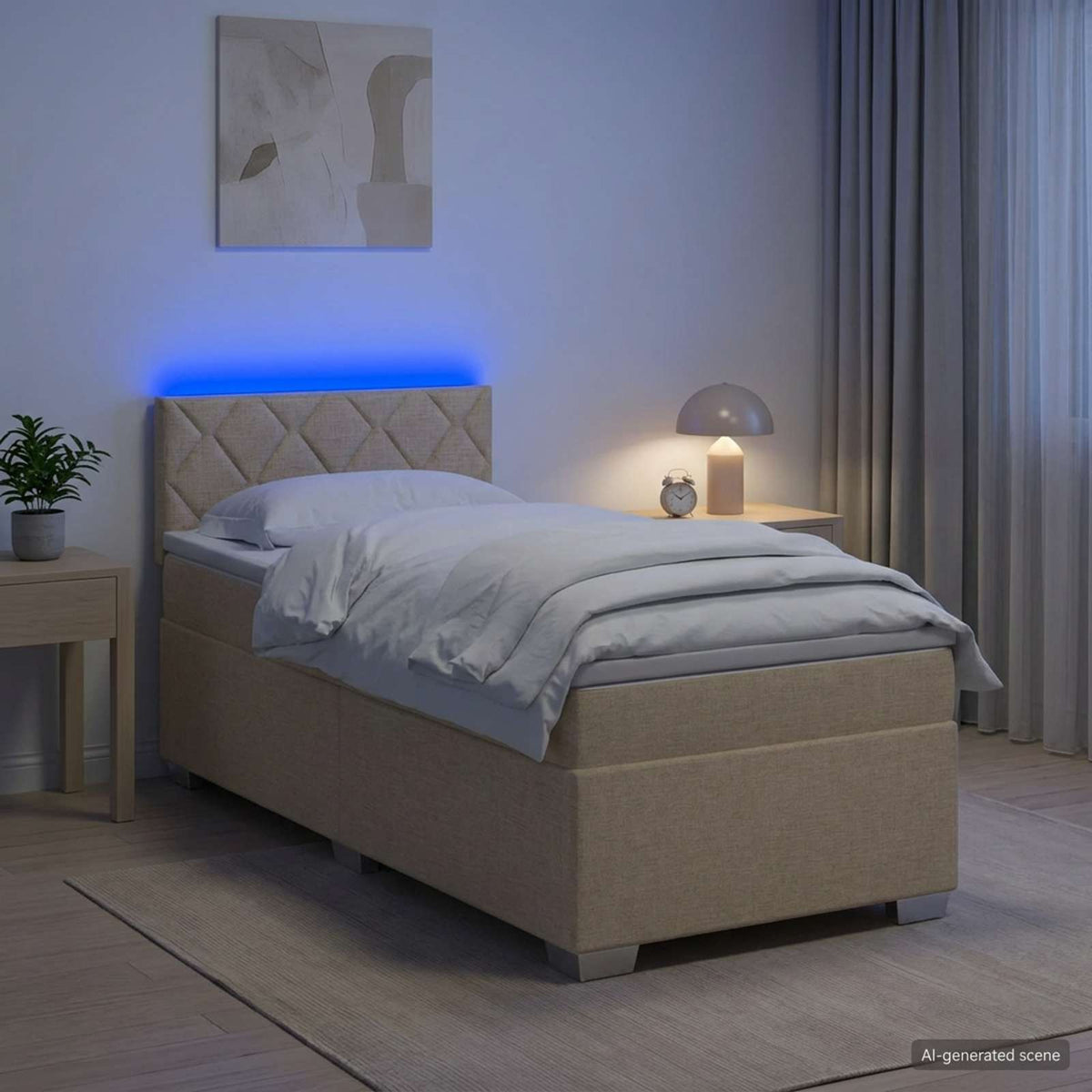 Box Spring Seng med Madras og LED Cremefarvet 90 x 200 cm Stof