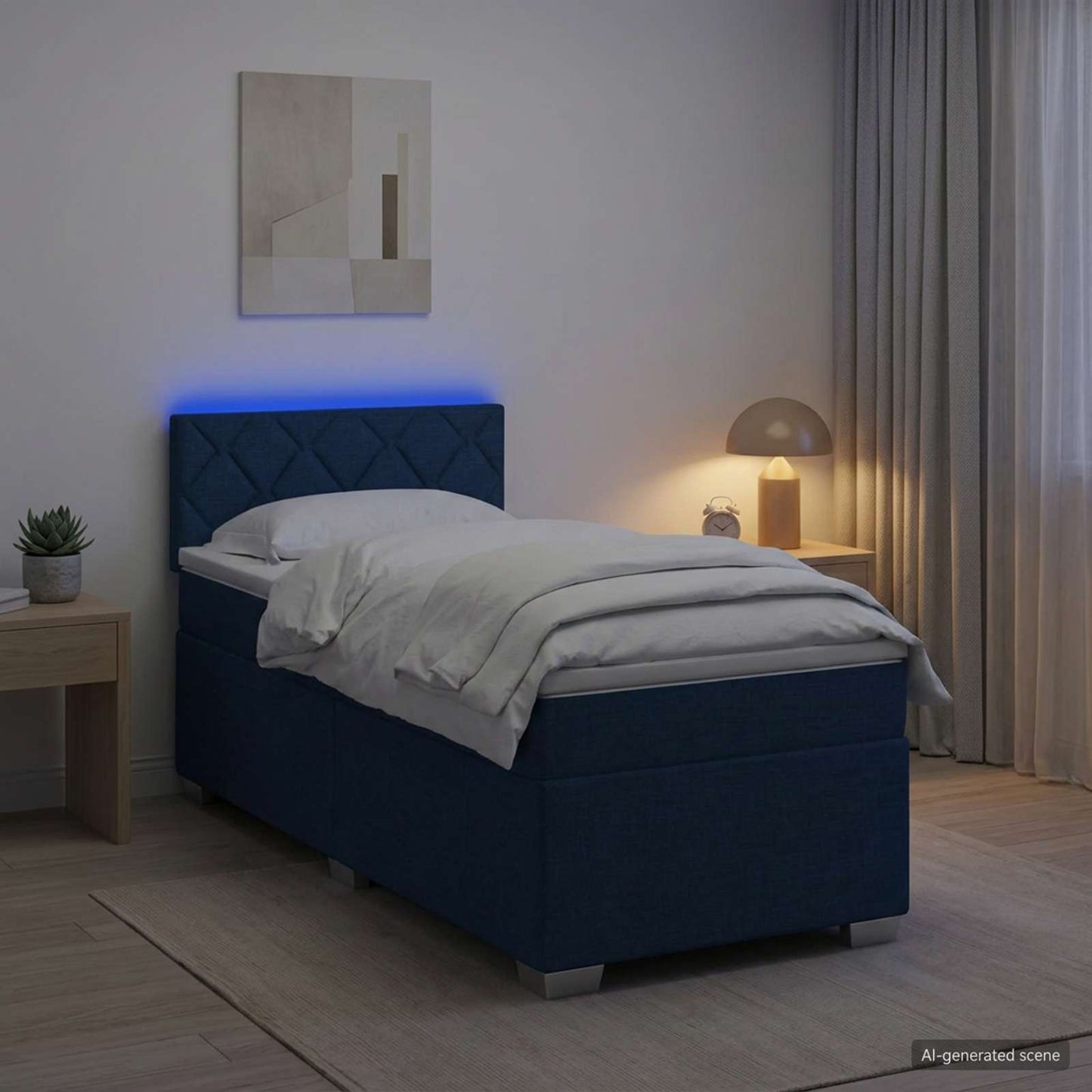 Box Spring Seng med Madras og LED Blå 100 x 200 cm Stof
