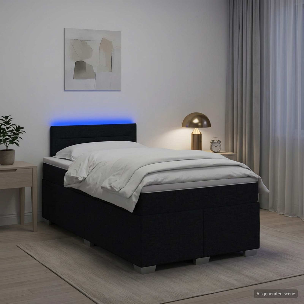 Box Spring Seng med Madras og LED Sort 120 x 200 cm Stof