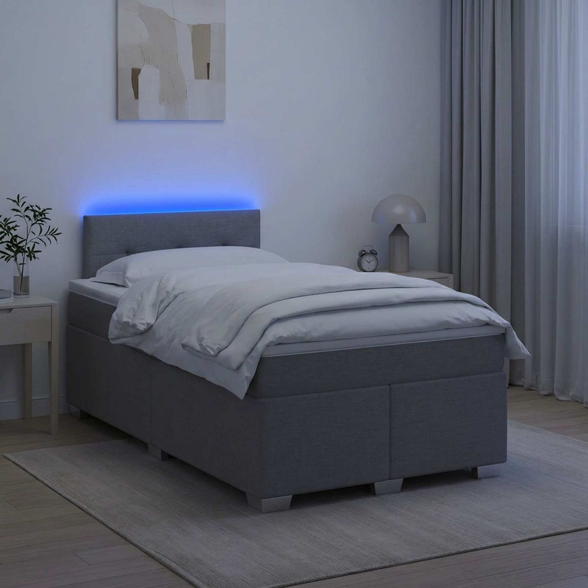 Box Spring Seng med Madras og LED Lysegrå 120 x 190 cm Stof