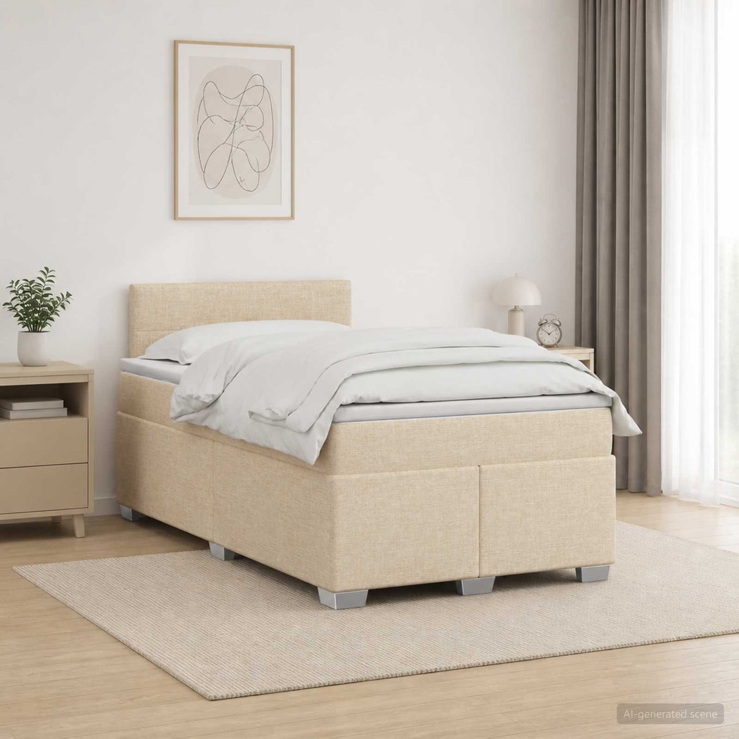 Box Spring Seng med Madras og LED Cremefarvet 120 x 190 cm Stof