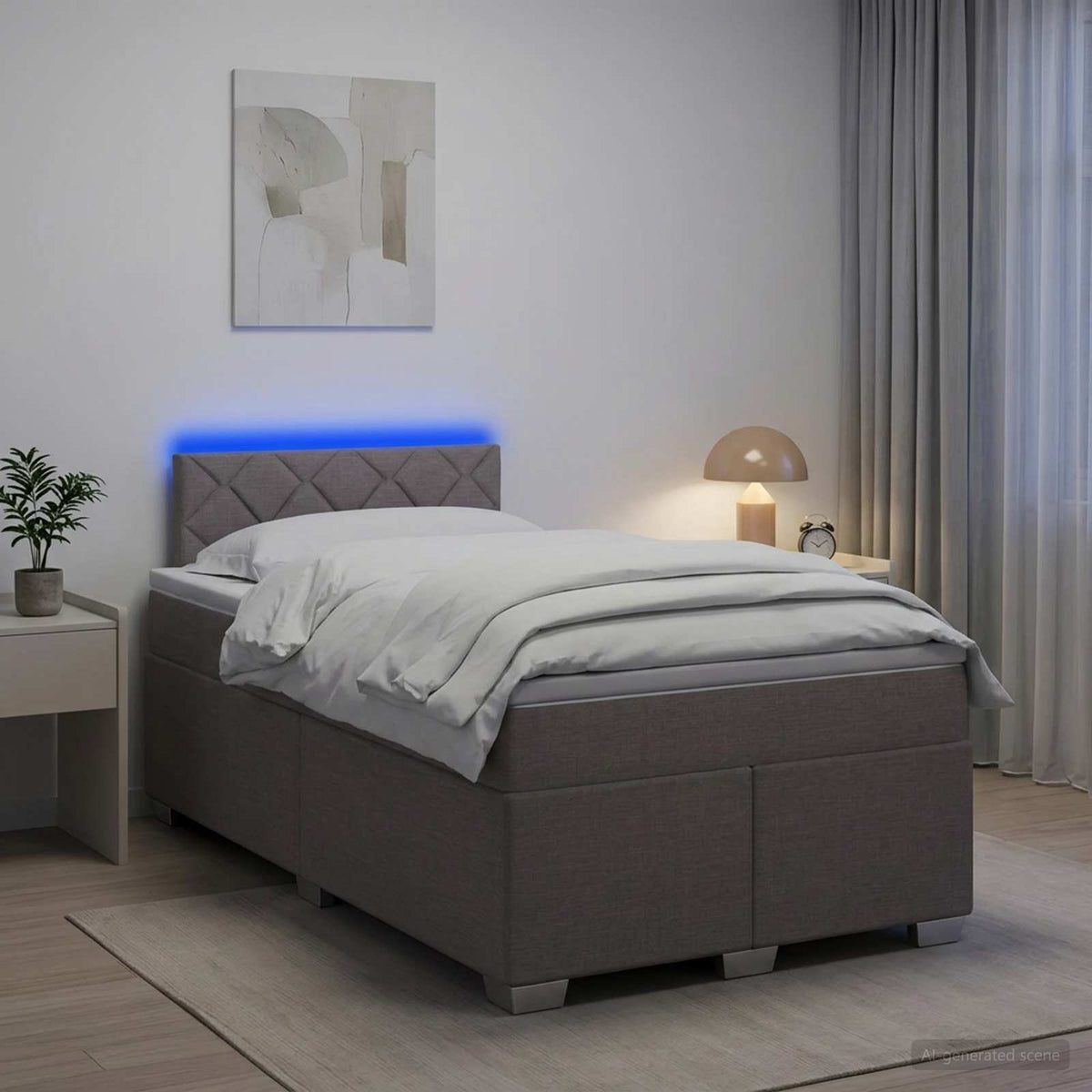 Box Spring Seng med Madras og LED Gråbrun 120 x 200 cm Stof
