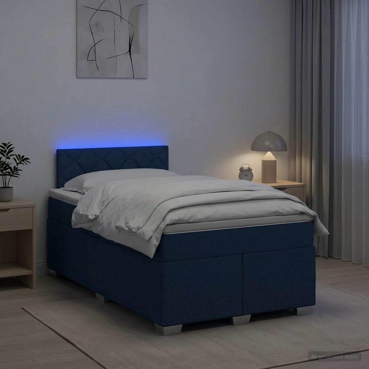 Box Spring Seng med Madras og LED Blå 120 x 200 cm Stof