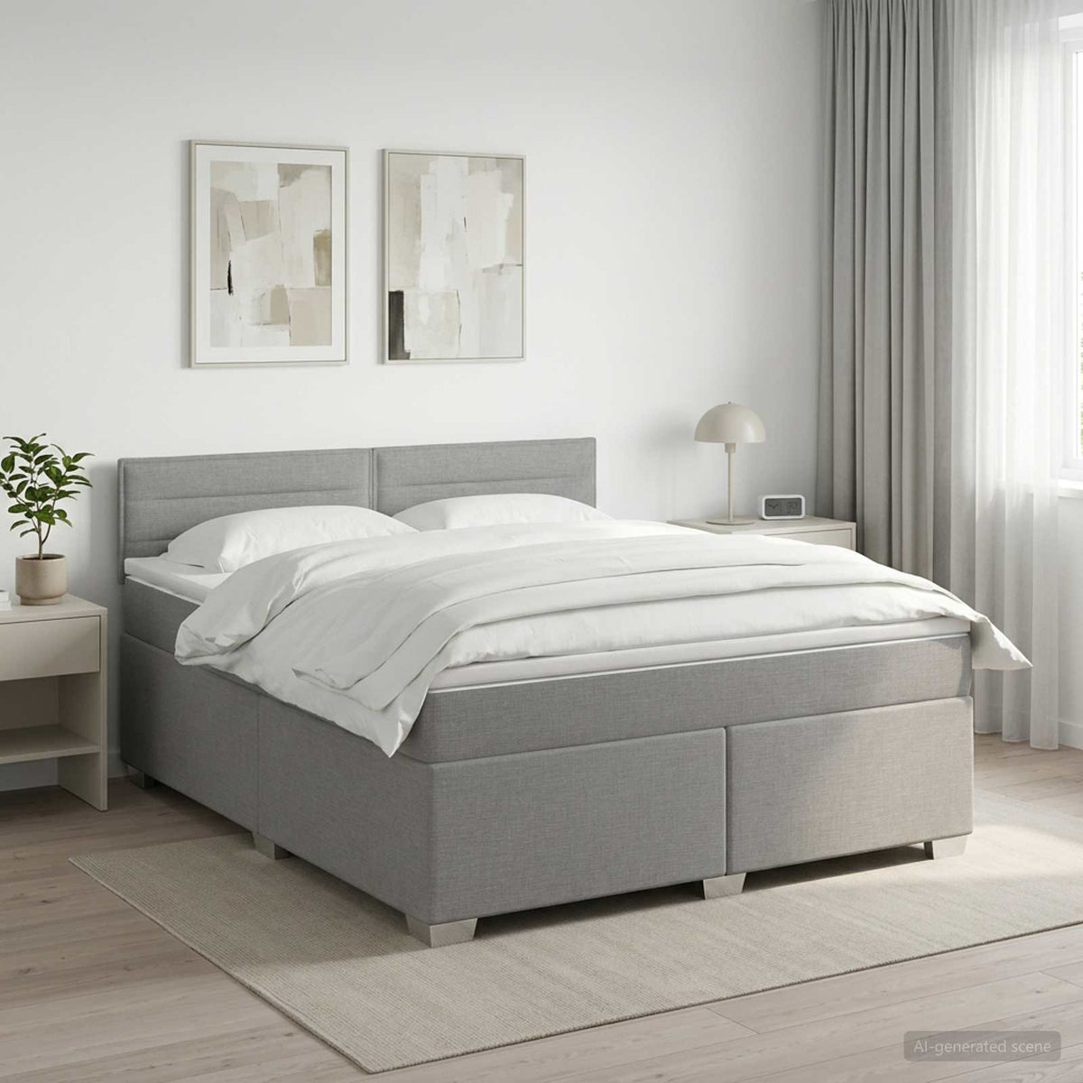 Box Spring Seng med Madras og LED Lysegrå 180 x 200 cm Stof
