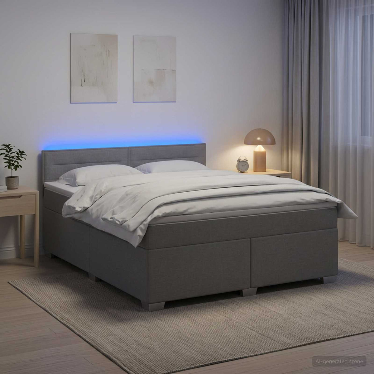 Box Spring Seng med Madras og LED Lysegrå 180 x 200 cm Stof