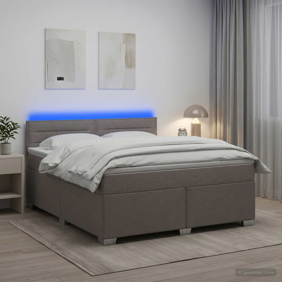Box Spring Seng med Madras og LED Gråbrun 160 x 200 cm Stof