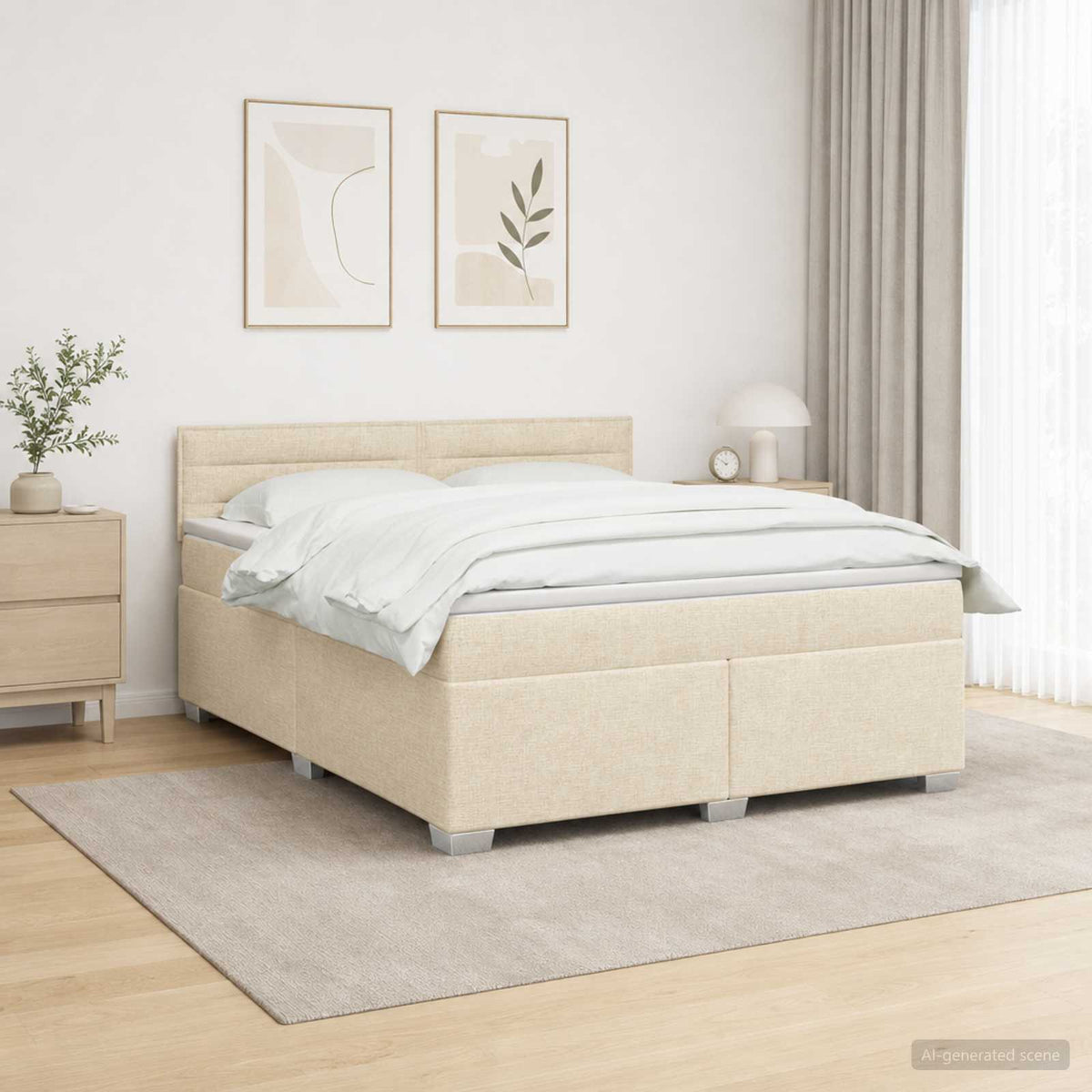 Box Spring Seng med Madras og LED Cremefarvet 160 x 200 cm Stof