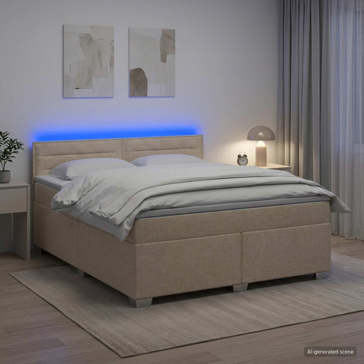 Box Spring Seng med Madras og LED Cremefarvet 160 x 200 cm Stof