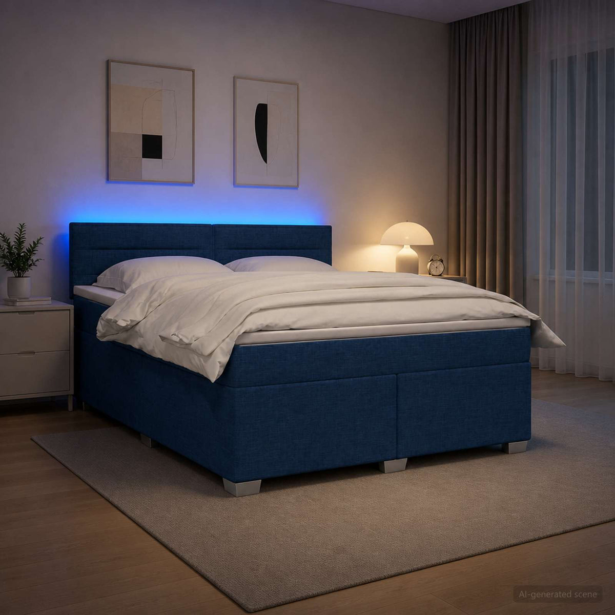 Box Spring Seng med Madras og LED Blå 140 x 200 cm Stof