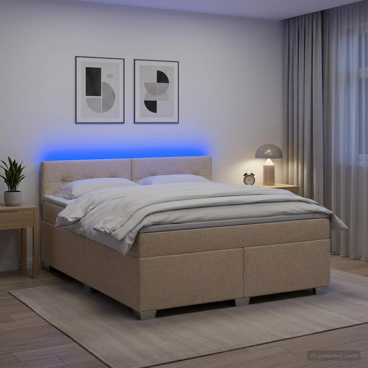 Box Spring Seng med Madras og LED Cremefarvet 160 x 200 cm Stof