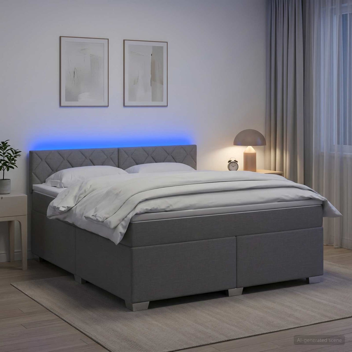 Box Spring Seng med Madras og LED Lysegrå 140 x 190 cm Stof