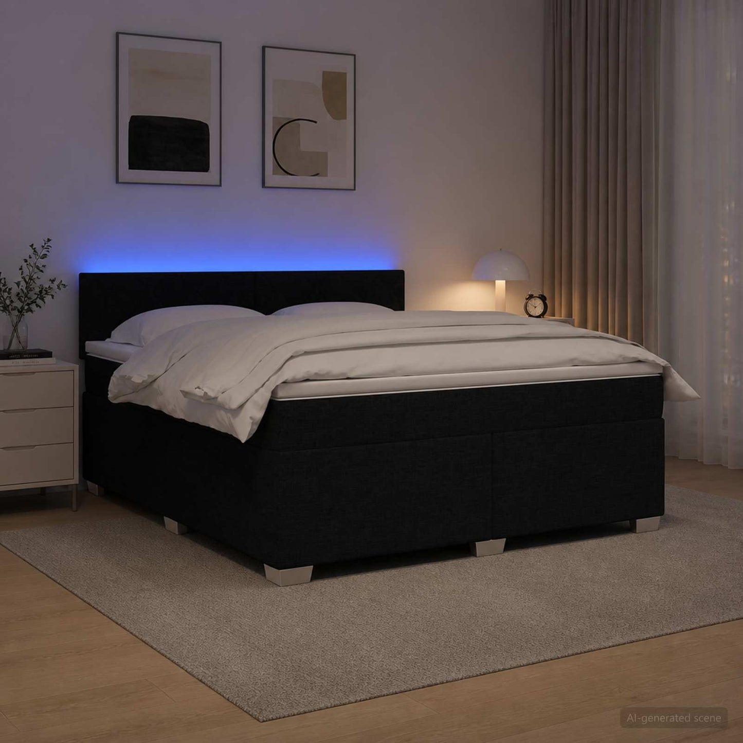 Box Spring Seng med Madras og LED Sort 160 x 200 cm Stof
