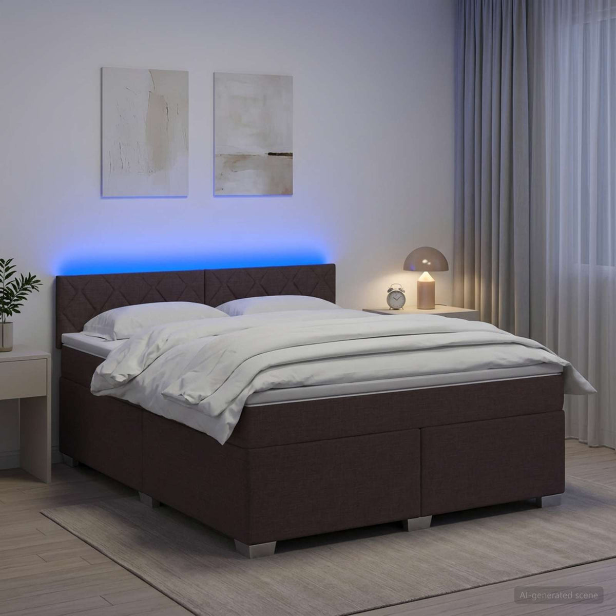 Box Spring Seng med Madras og LED Mørk Brun 180 x 200 cm Stof