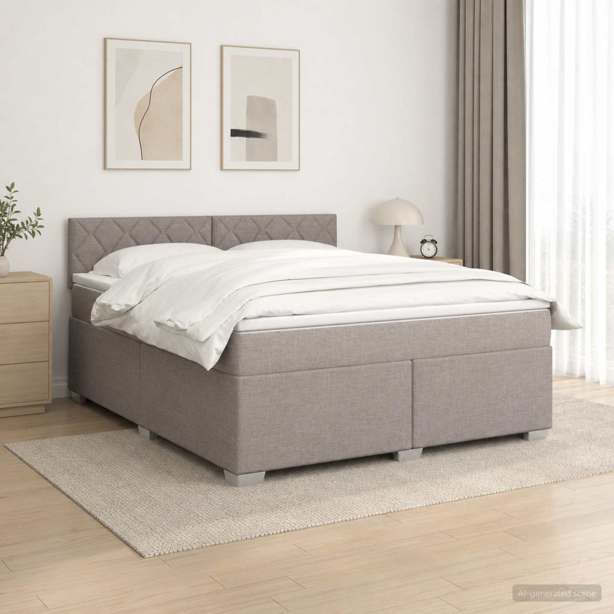 Box Spring Seng med Madras og LED Gråbrun 140 x 200 cm Stof