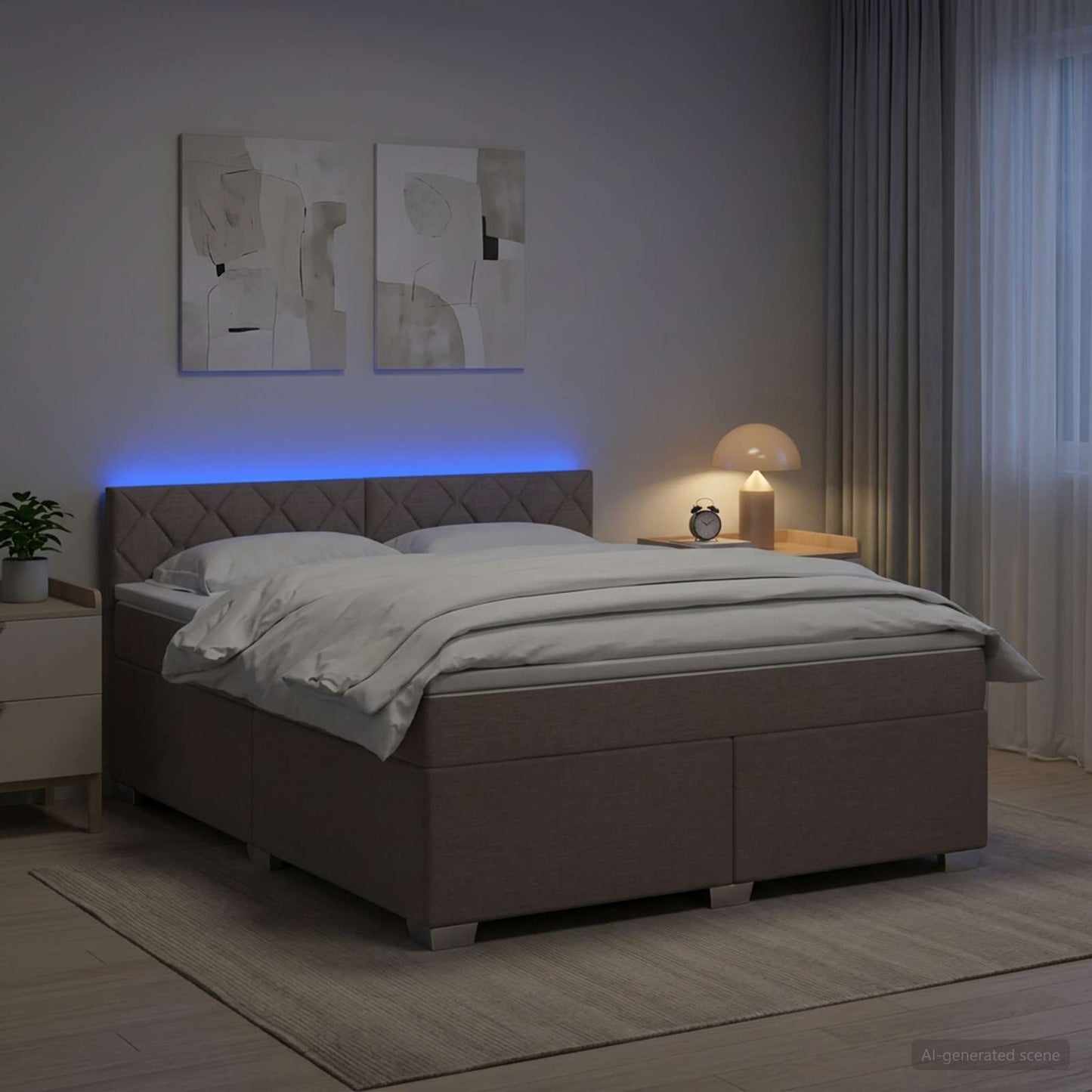 Box Spring Seng med Madras og LED Gråbrun 140 x 190 cm Stof